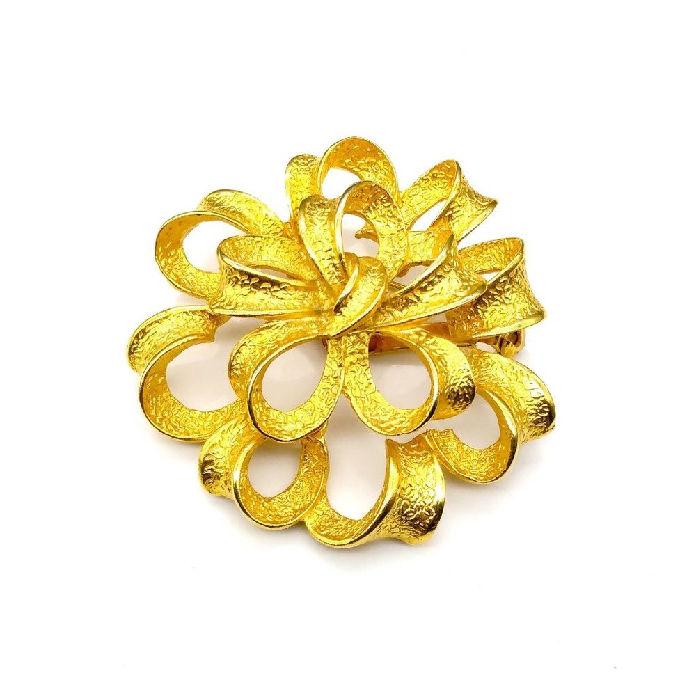 Vintage Avon Gold Tone Floral Ribbon Corsage Brooch, Frilly Sophisticated Textur